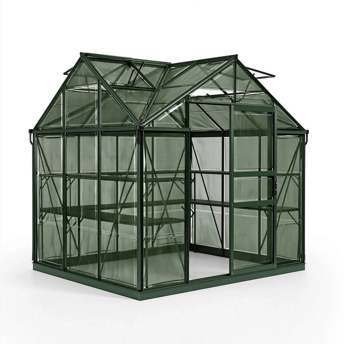 Gewächshaus 190 cm x 190 cm x 195 cm Aluminium Grün mit Polycarbonatplatten und Regalen