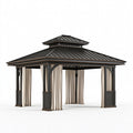 Gartenpavillon 400 x 400 x 350 cm aus Metall in Schwarz mit Vorhängen und zweistufigem Dach
