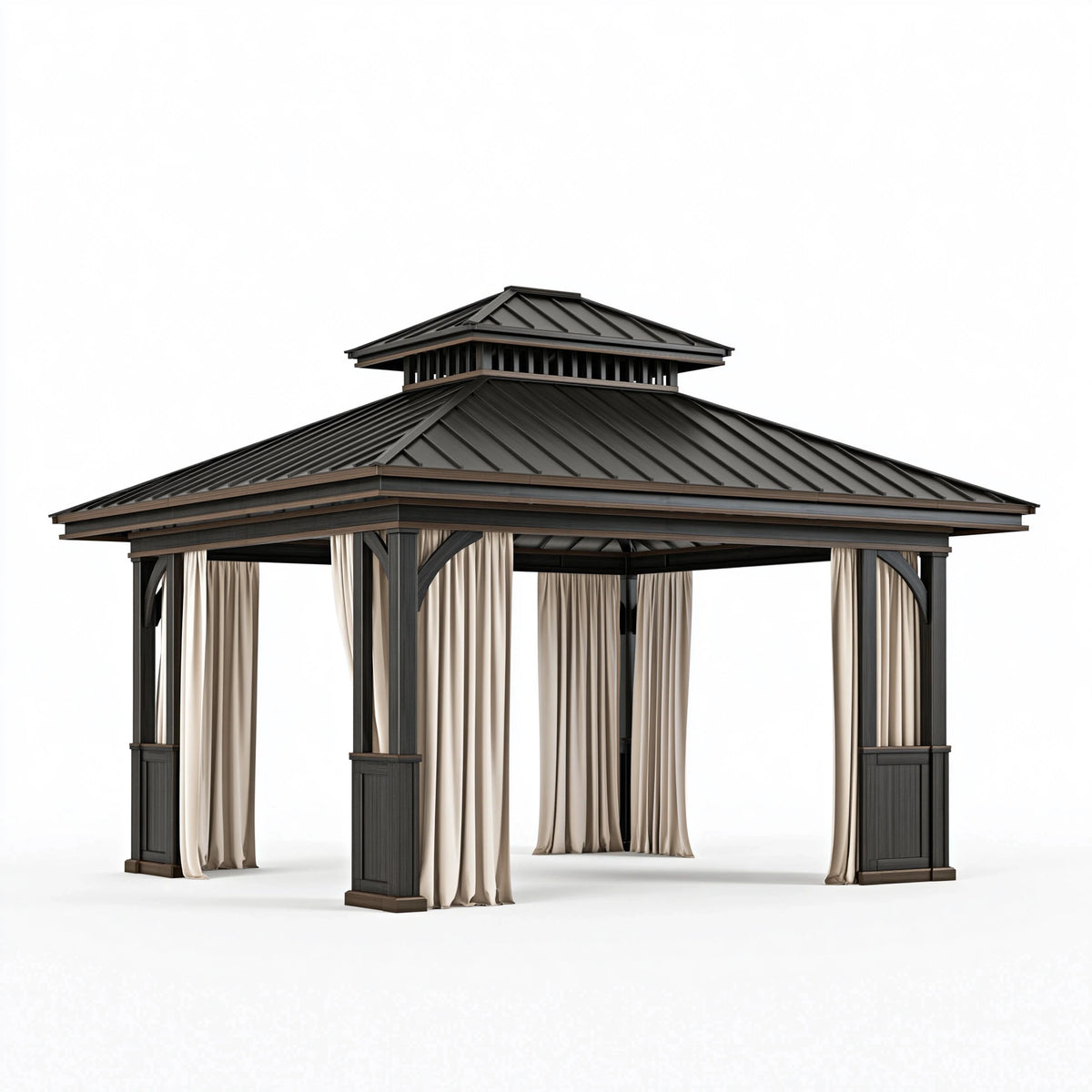 Gartenpavillon 400 x 400 x 350 cm aus Metall in Schwarz mit Vorhängen und zweistufigem Dach