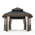 Pavillon 400 x 300 cm Metall Schwarz Braun mit Vorhängen - Gartenüberdachung im klassischen Stil