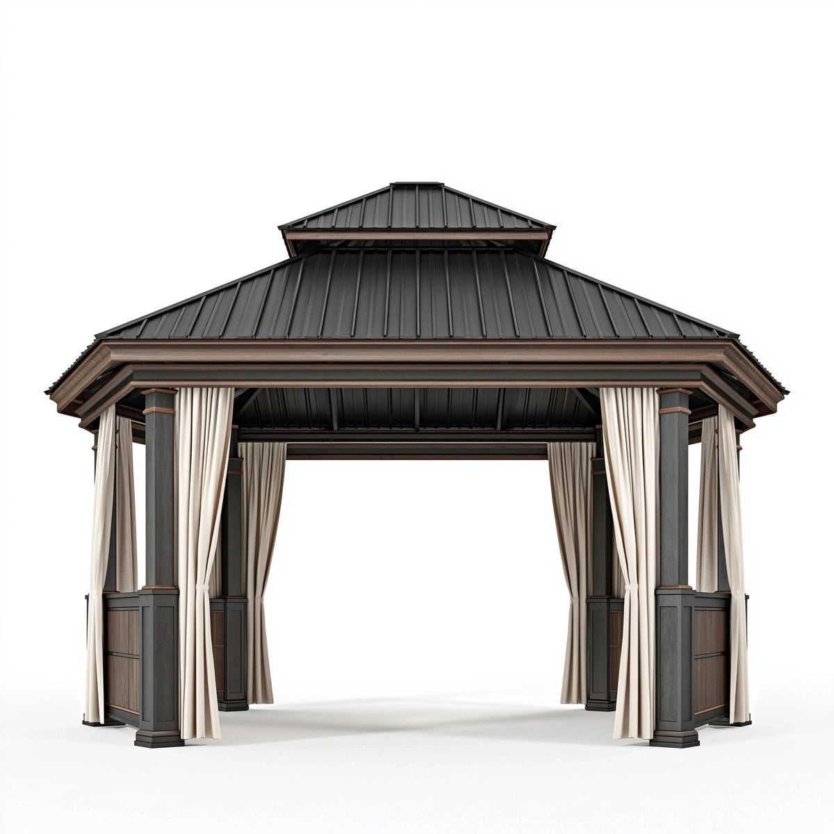 Pavillon 400 x 300 cm Metall Schwarz Braun mit Vorhängen - Gartenüberdachung im klassischen Stil