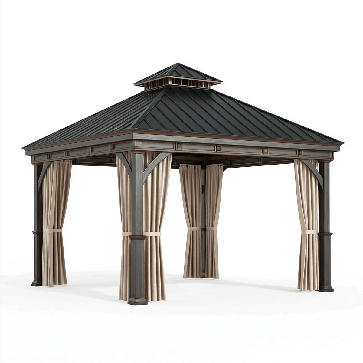 Gartenpavillon 400 x 400 x 350 cm aus Metall in Anthrazit mit Vorhängen und Dachaufsatz