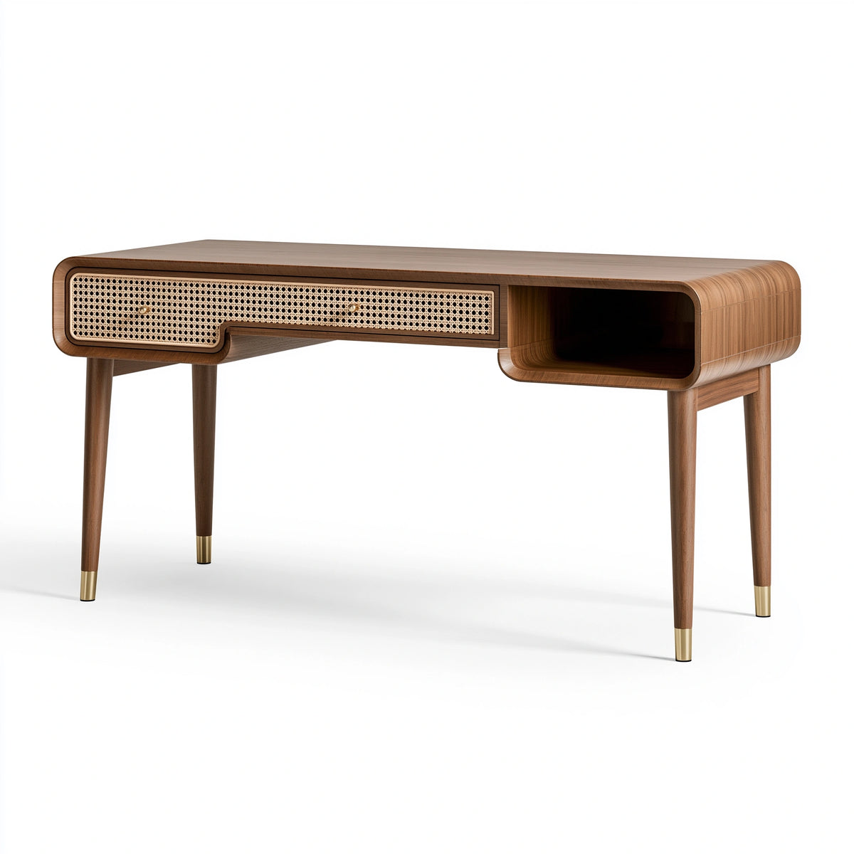 Schreibtisch 120 x 55 x 76 cm Holz Walnussbraun mit Rattangeflecht Retro-Stil