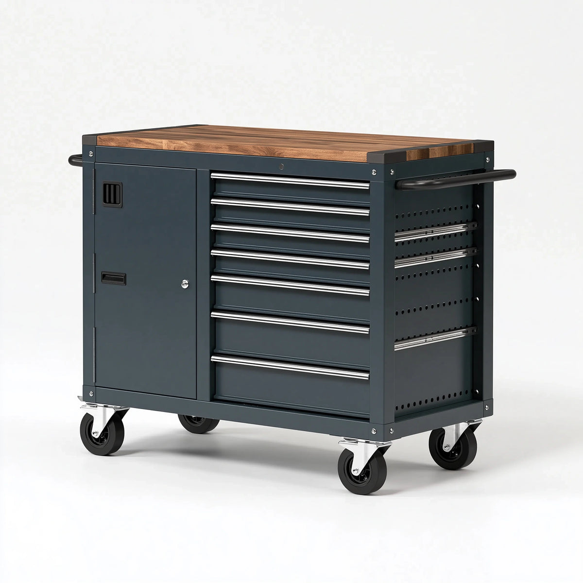 Werkzeugwagen 100 x 50 x 95 cm aus Stahl Dunkelgrau mit Holzarbeitsplatte und 7 Schubladen