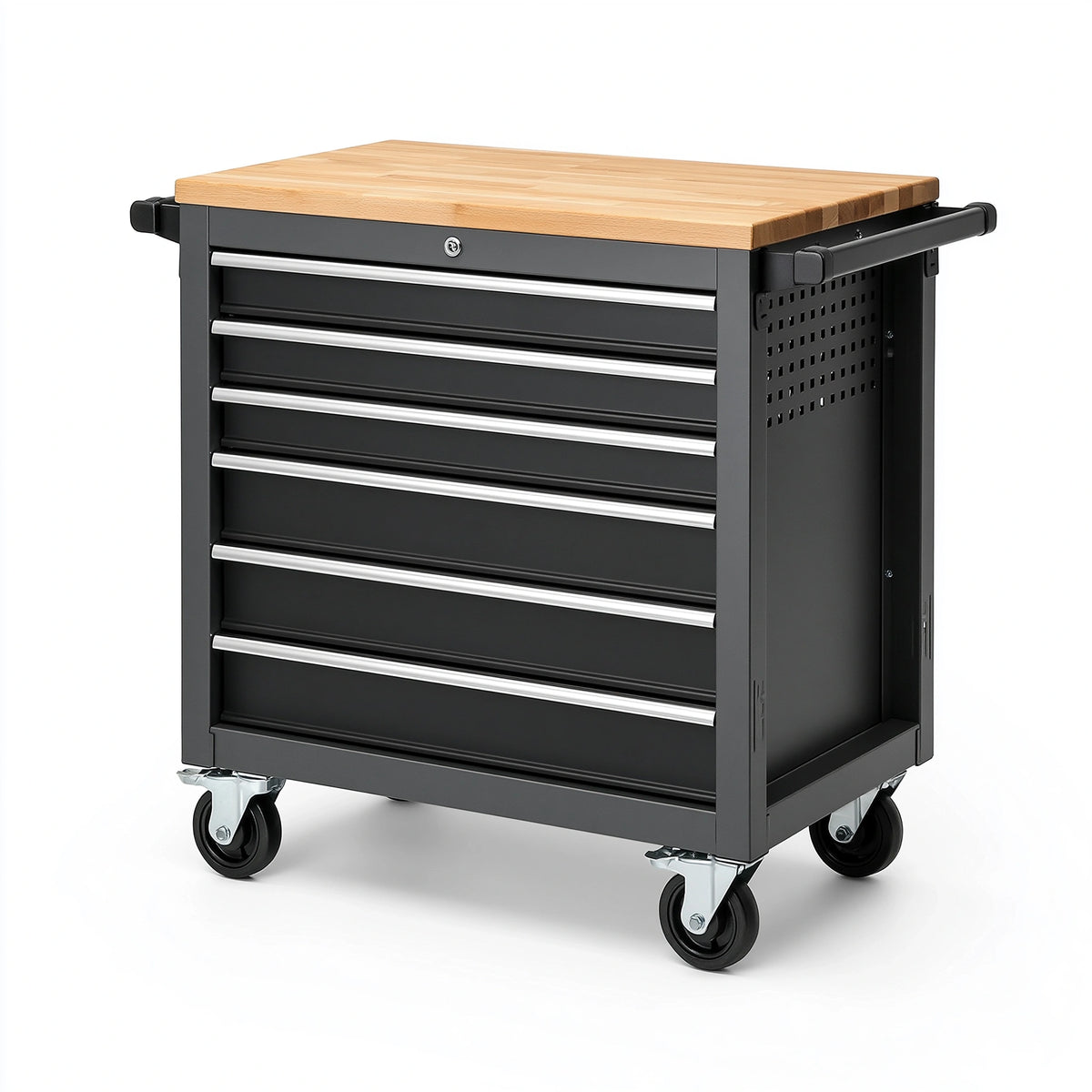 Werkzeugwagen 77 x 46 x 97 cm aus Stahl und Holz Schwarz Natur mit 6 Schubladen und Rollen