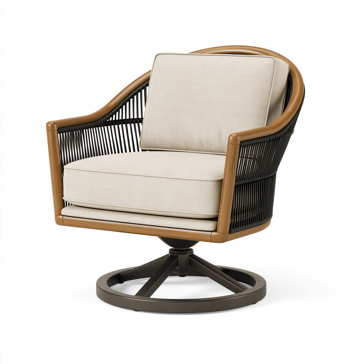 Drehsessel 78 x 82 x 88 cm Holz Seilgeflecht Beige Schwarz mit gepolsterter Sitzfläche