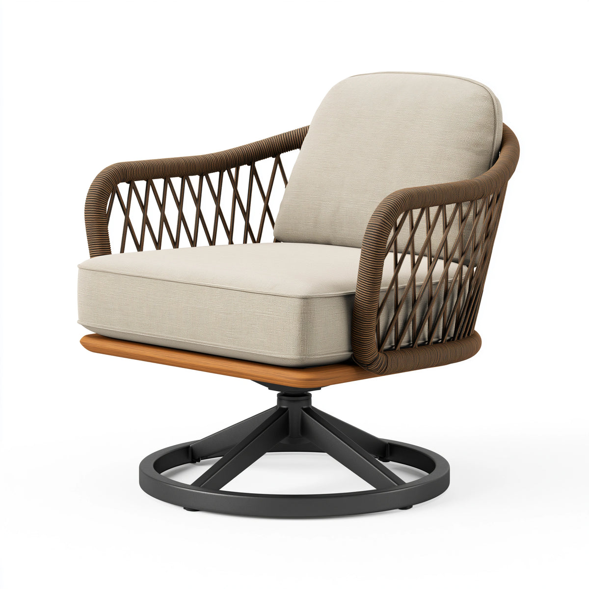 Drehsessel 82 x 80 x 85 cm Beige Braun mit Kordelgeflecht und Stoffpolsterung